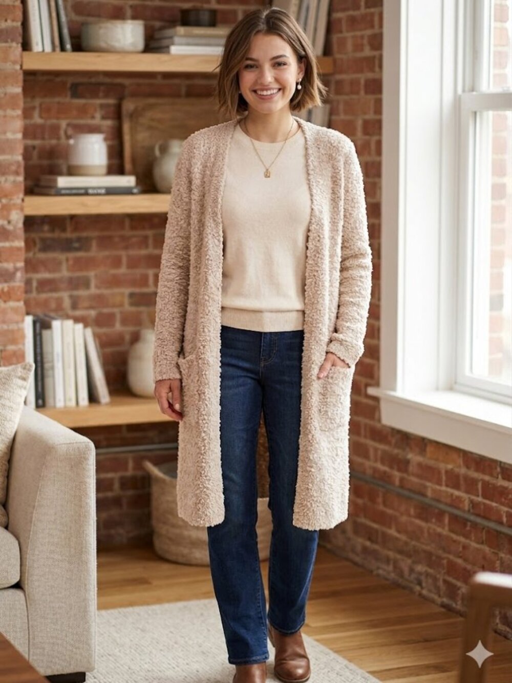 EUC Rachel Zoe Oatmeal Nubby Teddybear Open Cardigan Duster